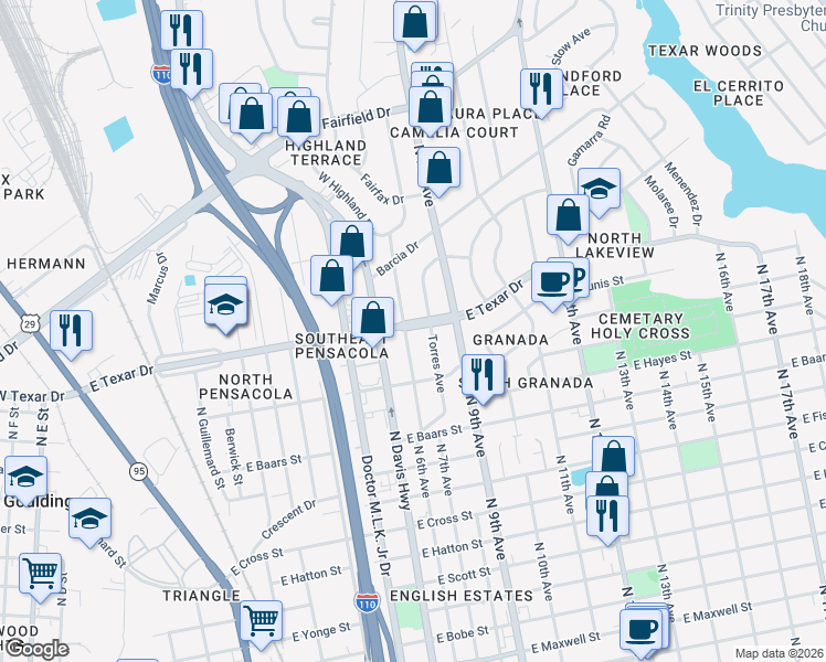map of restaurants, bars, coffee shops, grocery stores, and more near 3120 North 6th Avenue in Pensacola