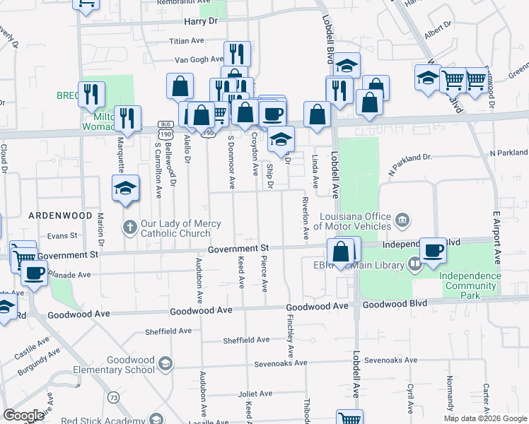 map of restaurants, bars, coffee shops, grocery stores, and more near 373 Croydon Avenue in Baton Rouge