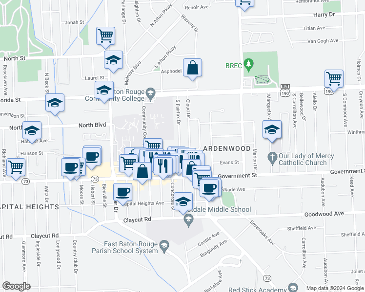 map of restaurants, bars, coffee shops, grocery stores, and more near 369 South Fairfax Drive in Baton Rouge