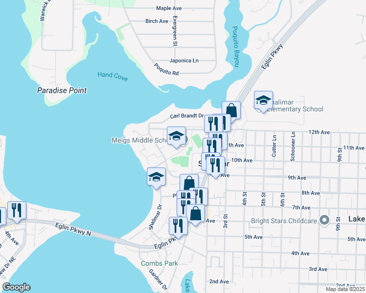 map of restaurants, bars, coffee shops, grocery stores, and more near 150 Richbourg Avenue in Shalimar