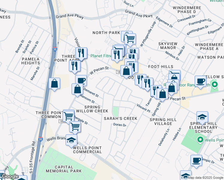 map of restaurants, bars, coffee shops, grocery stores, and more near 15516 Sarah's Creek Drive in Pflugerville