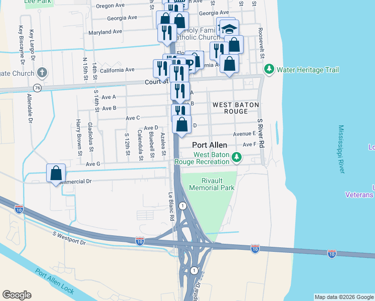map of restaurants, bars, coffee shops, grocery stores, and more near 811 Avenue F in Port Allen