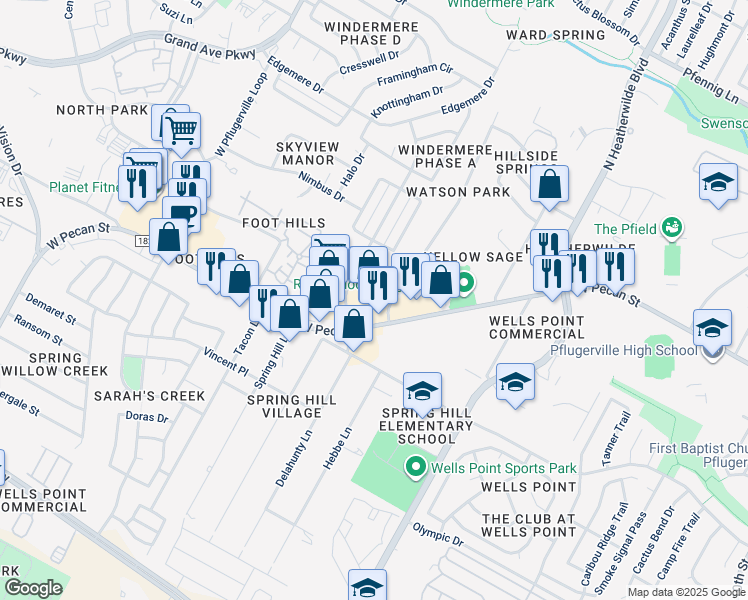 map of restaurants, bars, coffee shops, grocery stores, and more near 15800 Parkway Drive in Pflugerville
