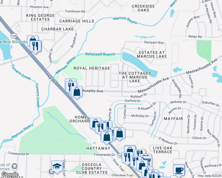 map of restaurants, bars, coffee shops, grocery stores, and more near 3236 Two Sisters Way in Pensacola