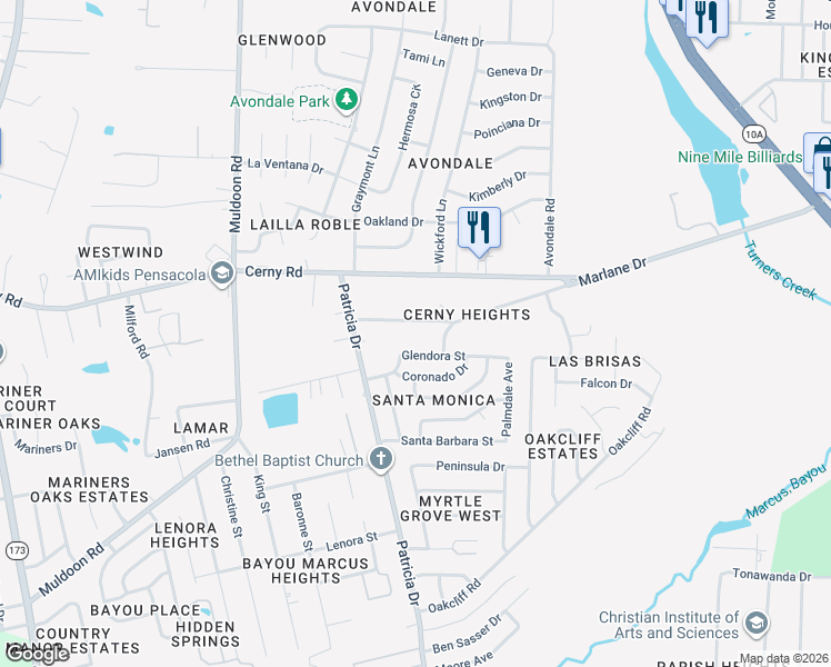 map of restaurants, bars, coffee shops, grocery stores, and more near 4711 Clara Street in Pensacola