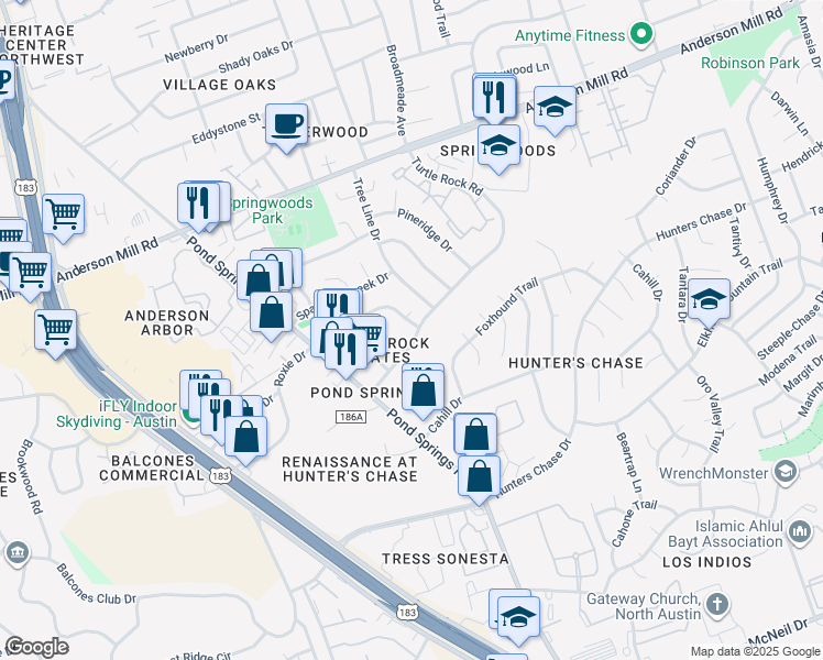 map of restaurants, bars, coffee shops, grocery stores, and more near 8701 Schick Road in Austin