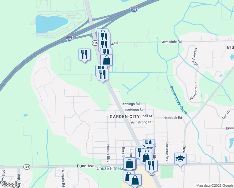 map of restaurants, bars, coffee shops, grocery stores, and more near 11701 Lem Turner Road in Jacksonville