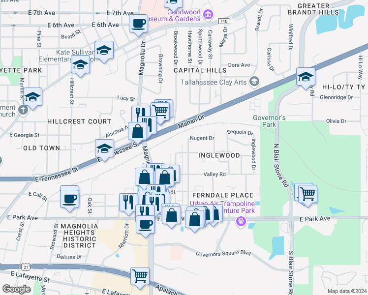 map of restaurants, bars, coffee shops, grocery stores, and more near 401 Office Plaza Drive in Tallahassee
