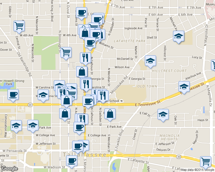 map of restaurants, bars, coffee shops, grocery stores, and more near 420 East Carolina Street in Tallahassee