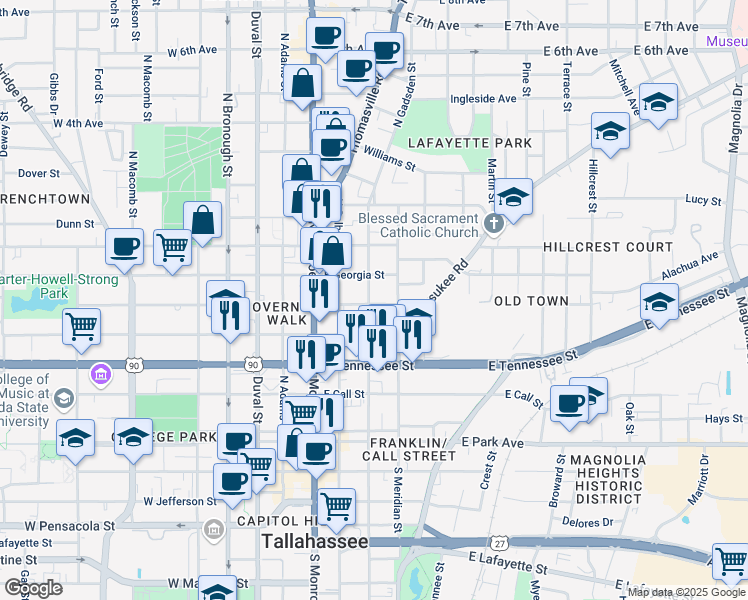 map of restaurants, bars, coffee shops, grocery stores, and more near 420 East Carolina Street in Tallahassee
