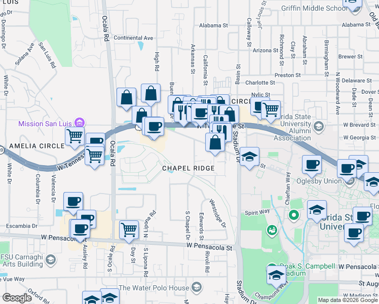 map of restaurants, bars, coffee shops, grocery stores, and more near 493 Chapel Drive in Tallahassee
