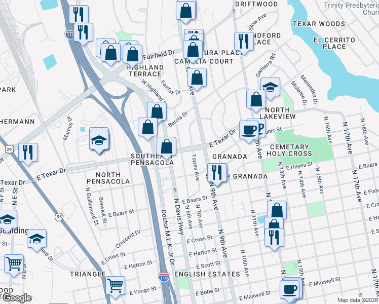 map of restaurants, bars, coffee shops, grocery stores, and more near 3120 North 6th Avenue in Pensacola