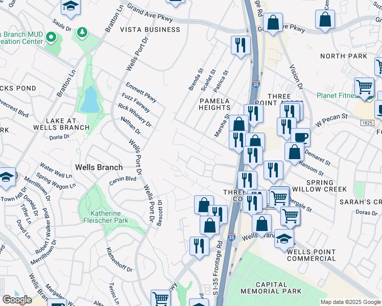map of restaurants, bars, coffee shops, grocery stores, and more near 1917 Crimson Rosella Trail in Austin