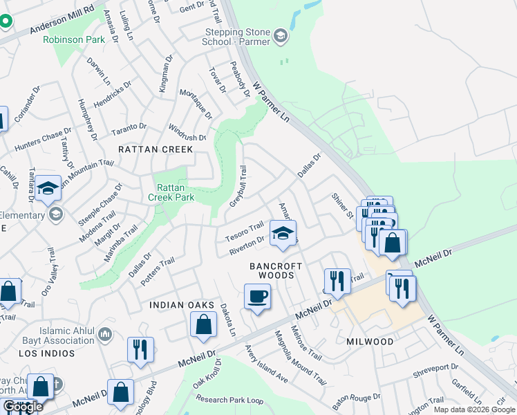 map of restaurants, bars, coffee shops, grocery stores, and more near 7014 Dallas Drive in Austin