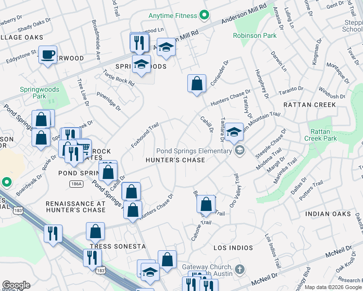 map of restaurants, bars, coffee shops, grocery stores, and more near 12604 Hunters Chase Drive in Austin