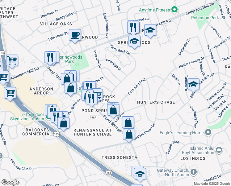 map of restaurants, bars, coffee shops, grocery stores, and more near 8701 Schick Road in Austin