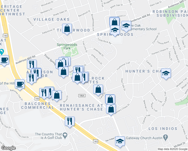 map of restaurants, bars, coffee shops, grocery stores, and more near 8701 Schick Road in Austin