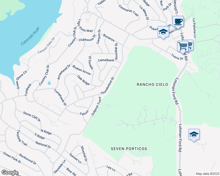 map of restaurants, bars, coffee shops, grocery stores, and more near 5209 Thunderbird Street in Lago Vista