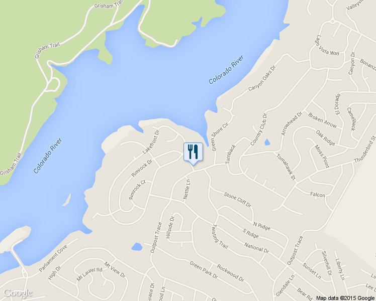 map of restaurants, bars, coffee shops, grocery stores, and more near 21411 Lakefront Drive in Lago Vista