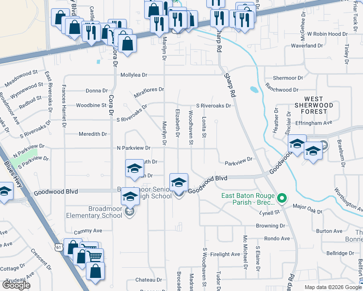 map of restaurants, bars, coffee shops, grocery stores, and more near 765 Elizabeth Drive in Baton Rouge