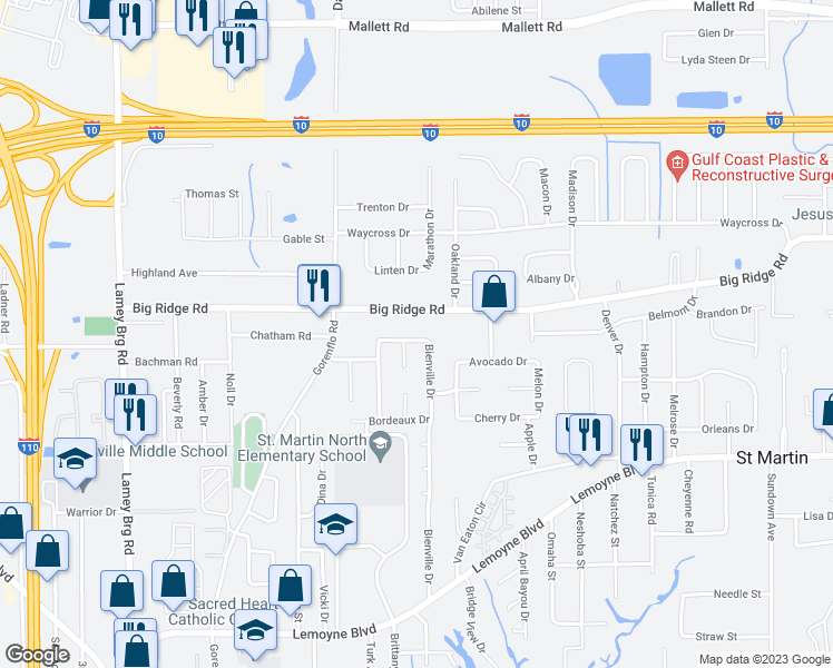 map of restaurants, bars, coffee shops, grocery stores, and more near 7236 Bienville Drive in Biloxi