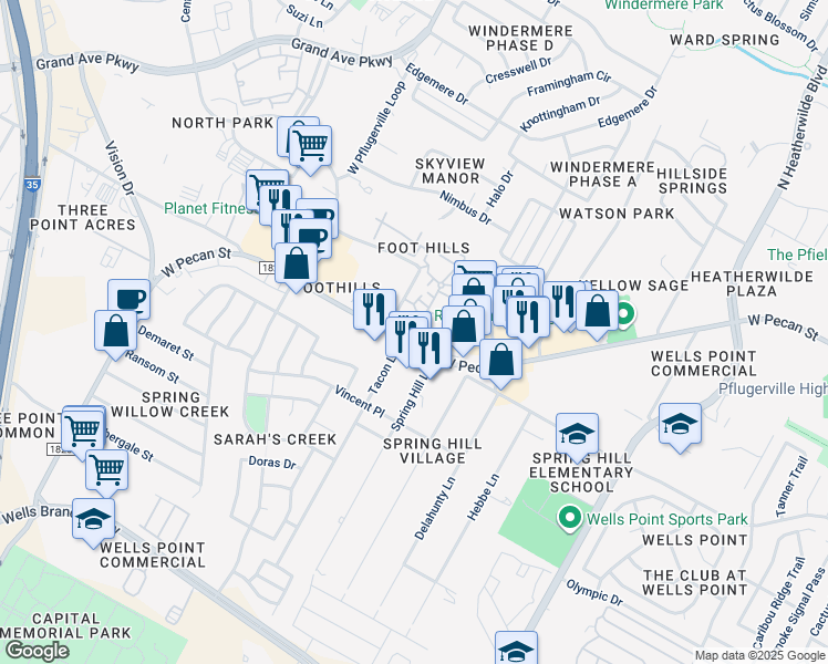 map of restaurants, bars, coffee shops, grocery stores, and more near 2324 West Pecan Street in Pflugerville