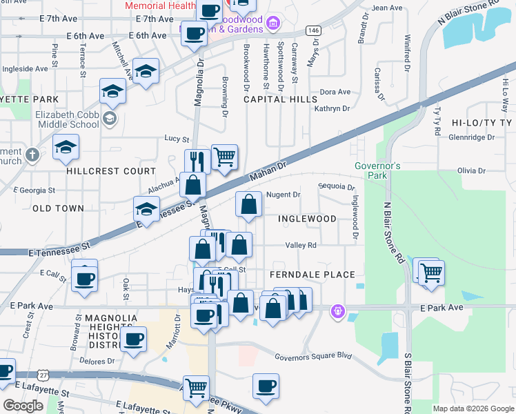 map of restaurants, bars, coffee shops, grocery stores, and more near 401 Office Plaza Drive in Tallahassee