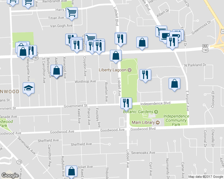 map of restaurants, bars, coffee shops, grocery stores, and more near 413 Linda Circle in Baton Rouge