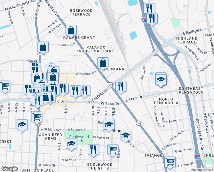 map of restaurants, bars, coffee shops, grocery stores, and more near 3503 North Palafox Street in Pensacola