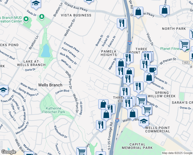map of restaurants, bars, coffee shops, grocery stores, and more near 1917 Crimson Rosella Trail in Austin