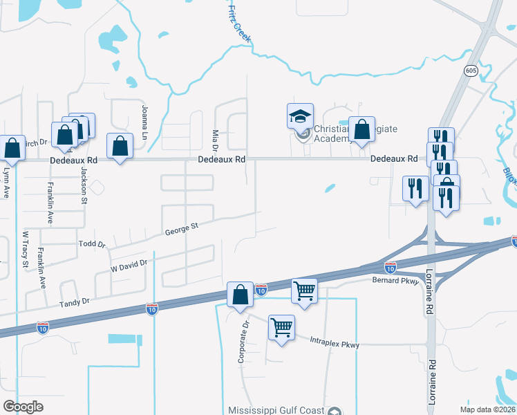 map of restaurants, bars, coffee shops, grocery stores, and more near 12048 George Street in Gulfport