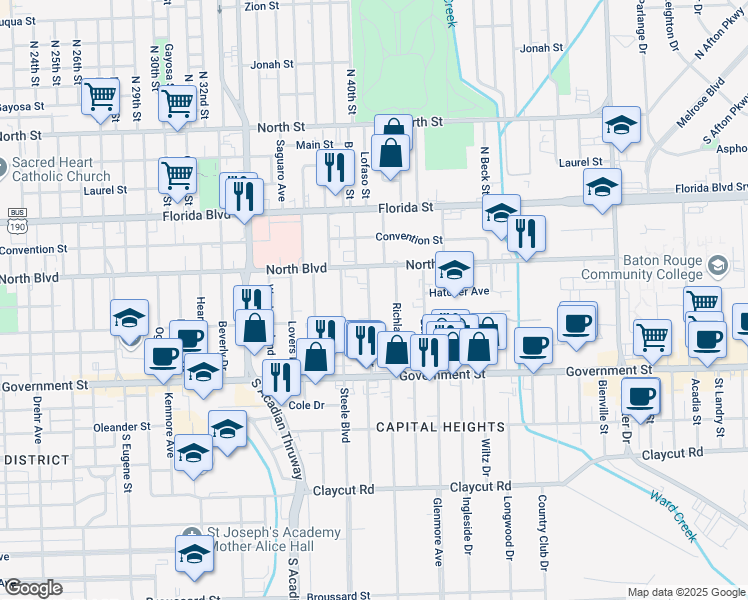 map of restaurants, bars, coffee shops, grocery stores, and more near 233 East Drive in Baton Rouge