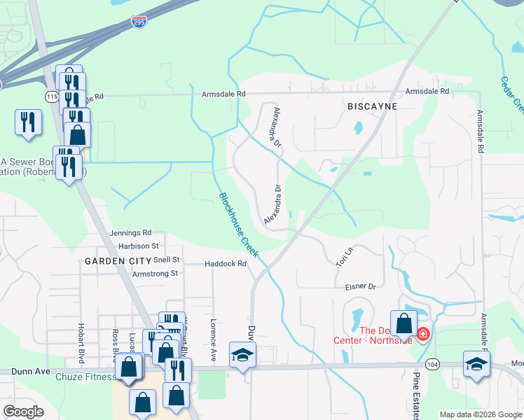 map of restaurants, bars, coffee shops, grocery stores, and more near 11747 Alexandra Drive in Jacksonville