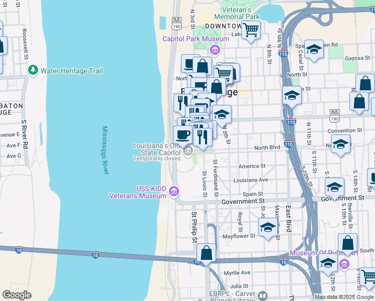 map of restaurants, bars, coffee shops, grocery stores, and more near 100 Lafayette Street in Baton Rouge