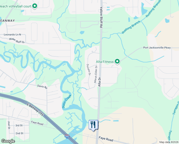 map of restaurants, bars, coffee shops, grocery stores, and more near 11722 Donato Drive in Jacksonville