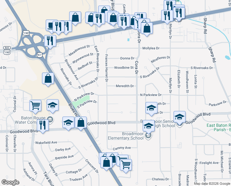 map of restaurants, bars, coffee shops, grocery stores, and more near 9377 North Parkview Drive in Baton Rouge