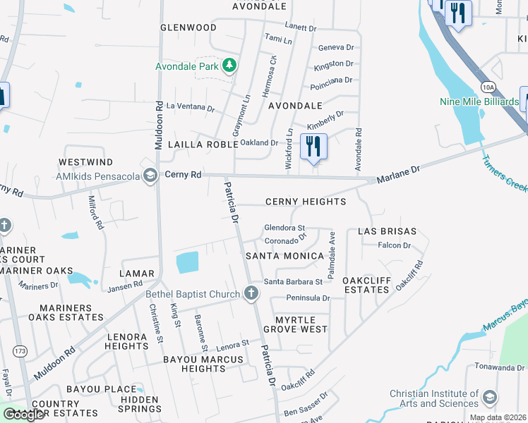 map of restaurants, bars, coffee shops, grocery stores, and more near 4711 Clara Street in Pensacola