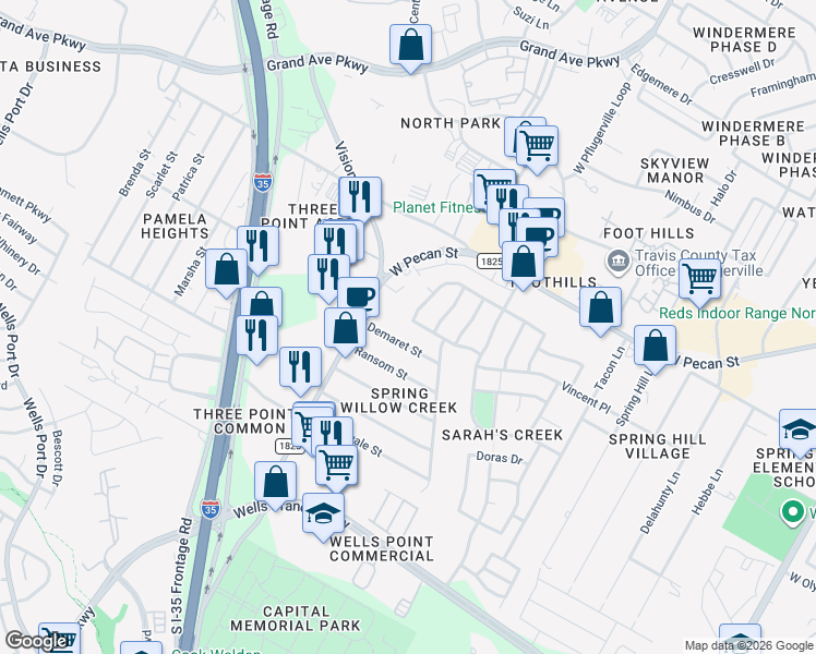 map of restaurants, bars, coffee shops, grocery stores, and more near 1447 Roxanne's Run in Pflugerville