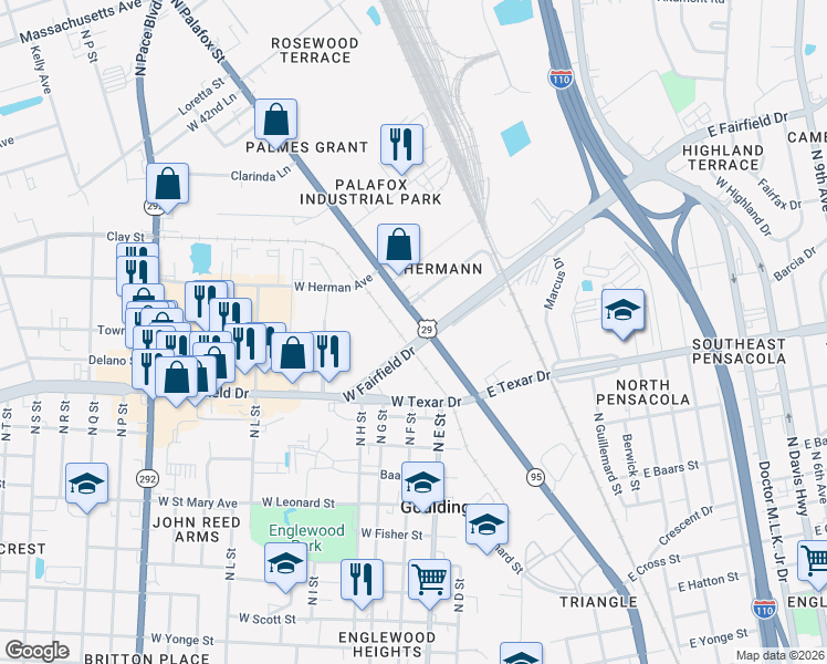 map of restaurants, bars, coffee shops, grocery stores, and more near 3503 North Palafox Street in Pensacola