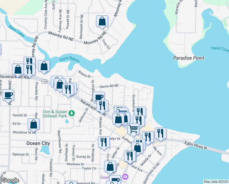 map of restaurants, bars, coffee shops, grocery stores, and more near 107 Doodle Avenue in Fort Walton Beach