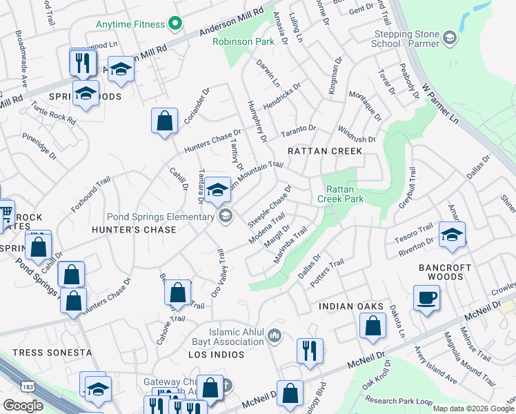 map of restaurants, bars, coffee shops, grocery stores, and more near 12809 Humphrey Drive in Austin
