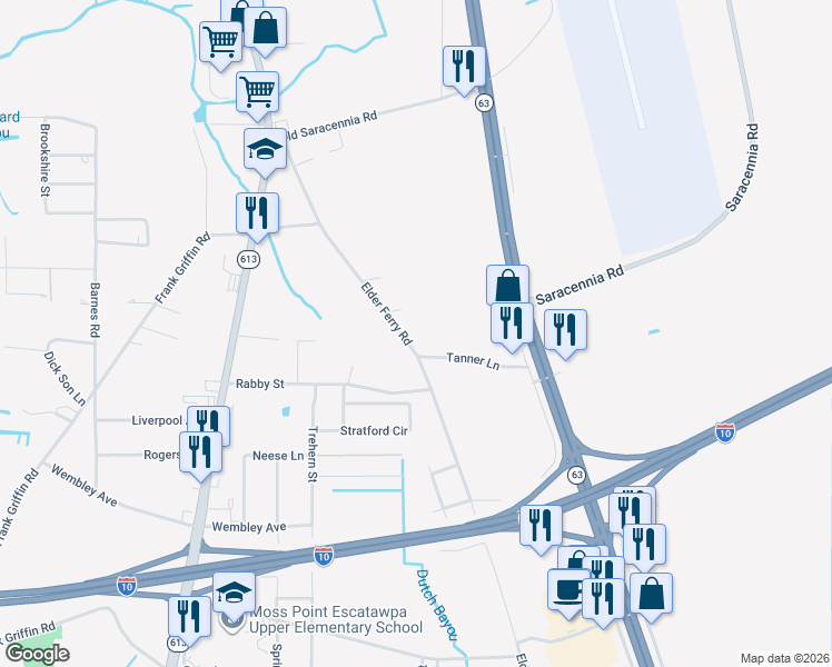 map of restaurants, bars, coffee shops, grocery stores, and more near 7209 Elder Ferry Road in Moss Point