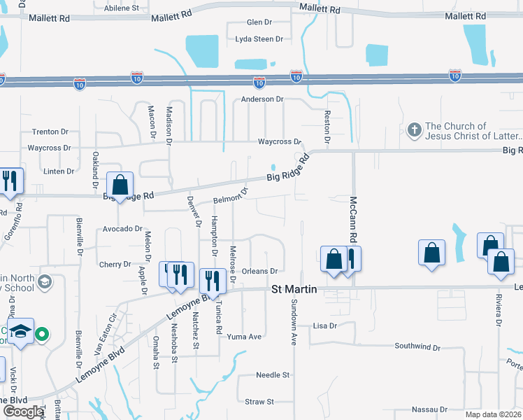 map of restaurants, bars, coffee shops, grocery stores, and more near 15509 Hartford Drive in Biloxi