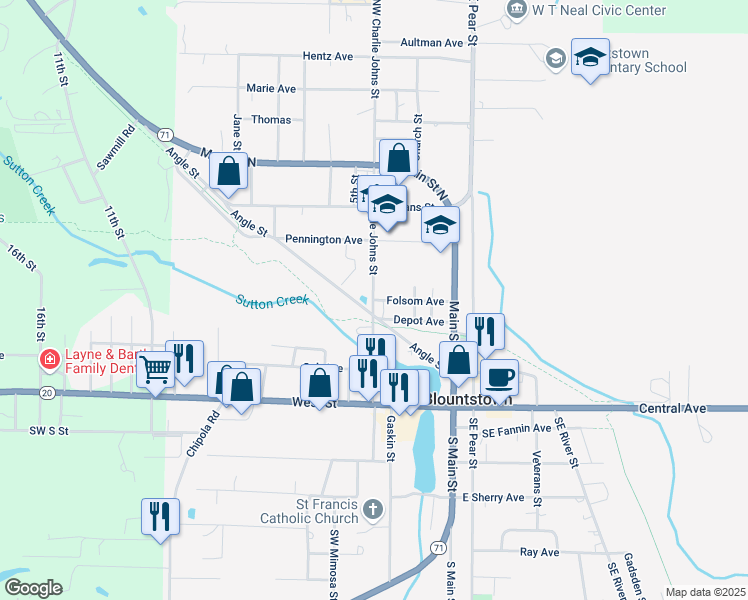 map of restaurants, bars, coffee shops, grocery stores, and more near 17283 Northwest Charlie Johns Street in Blountstown