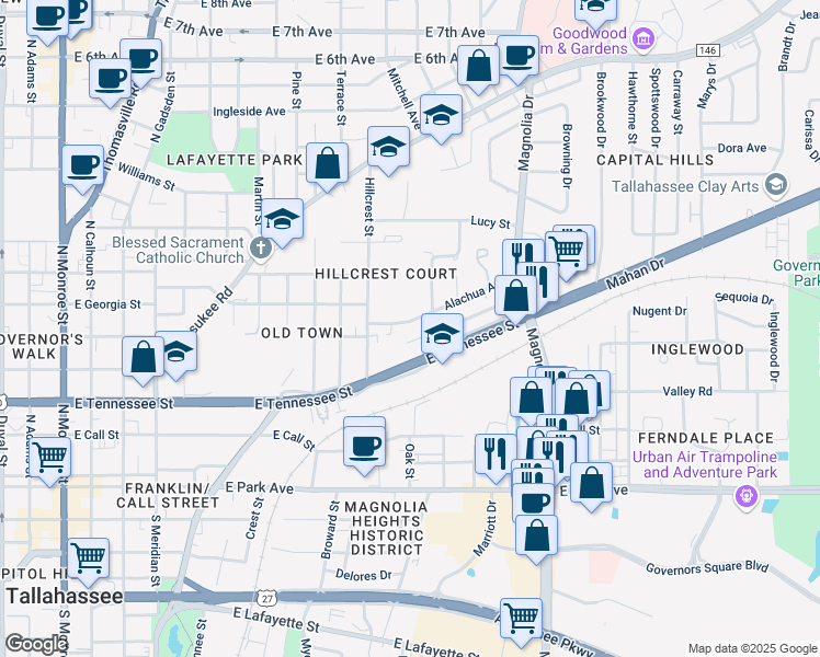 map of restaurants, bars, coffee shops, grocery stores, and more near 931 Alachua Avenue in Tallahassee