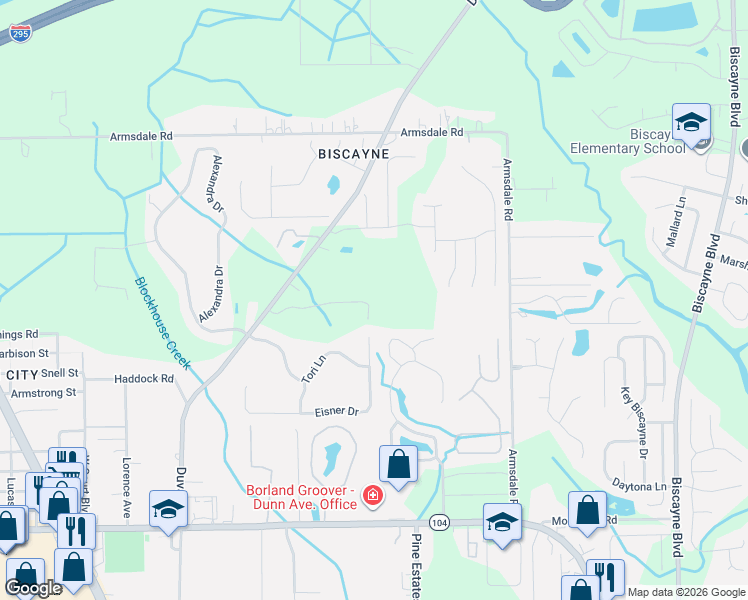 map of restaurants, bars, coffee shops, grocery stores, and more near 2268 Eisner Drive in Jacksonville