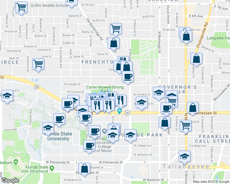 map of restaurants, bars, coffee shops, grocery stores, and more near 500 North Copeland Street in Tallahassee