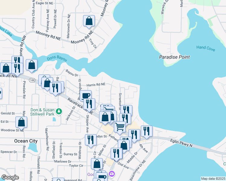 map of restaurants, bars, coffee shops, grocery stores, and more near 156 Rickey Avenue in Fort Walton Beach