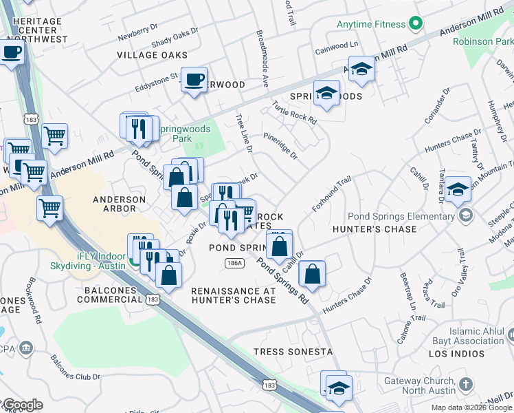 map of restaurants, bars, coffee shops, grocery stores, and more near 8710 Schick Road in Austin