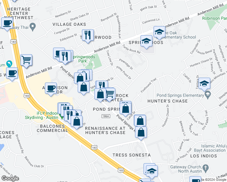 map of restaurants, bars, coffee shops, grocery stores, and more near 8710 Schick Road in Austin